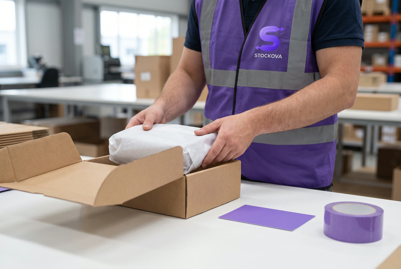 Emballage d'un produit dans du papier de soie, avec carte et ruban violet